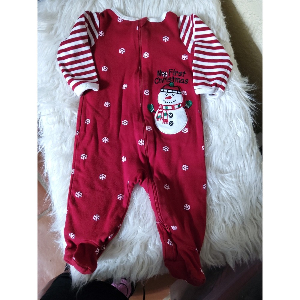 Holiday Time My First Christmas Snowman Footed Sleeper Red Stripe 6-9M